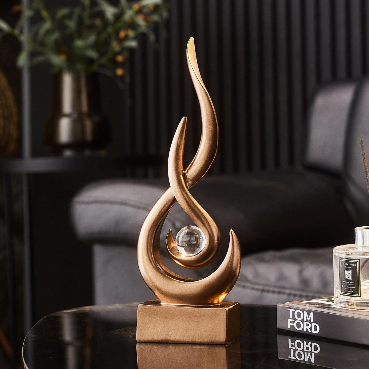 FormaHaven Modern Flame Sculpture with Glass Orb – White & Wood Grain Decor