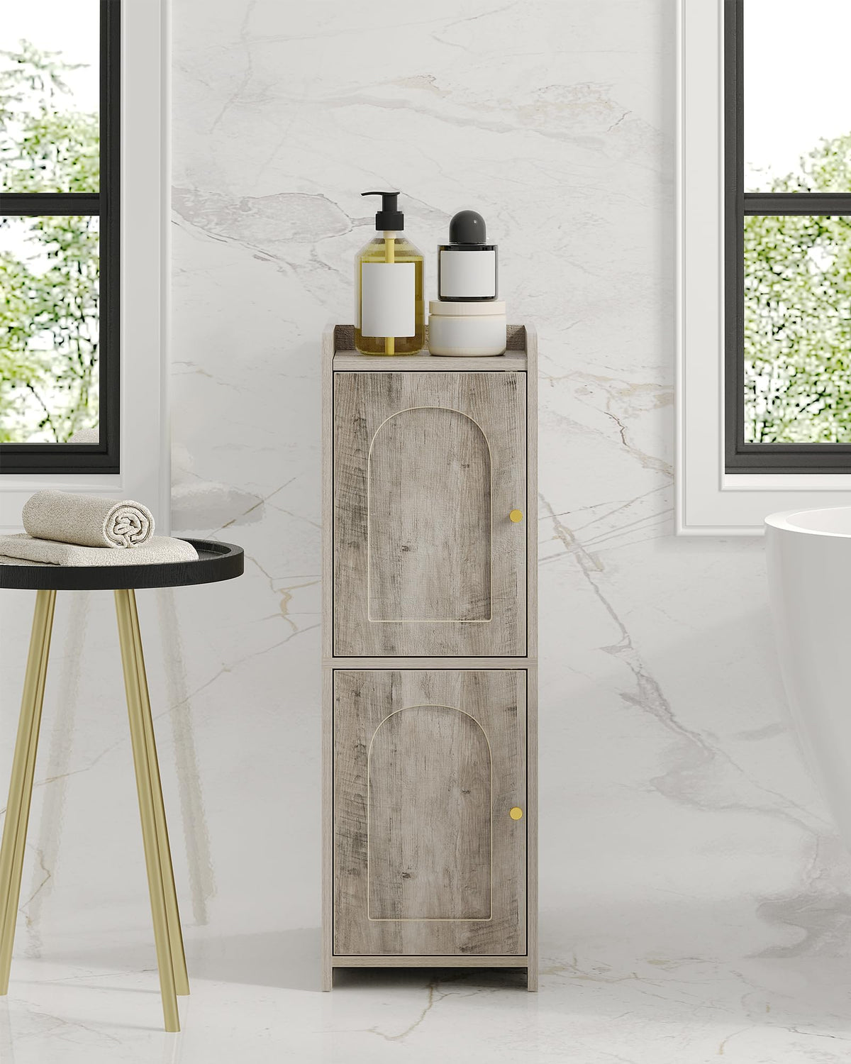 FormaHaven Slim Bathroom Storage Cabinet with 2 Doors – Adjustable Shelves, Arched Design