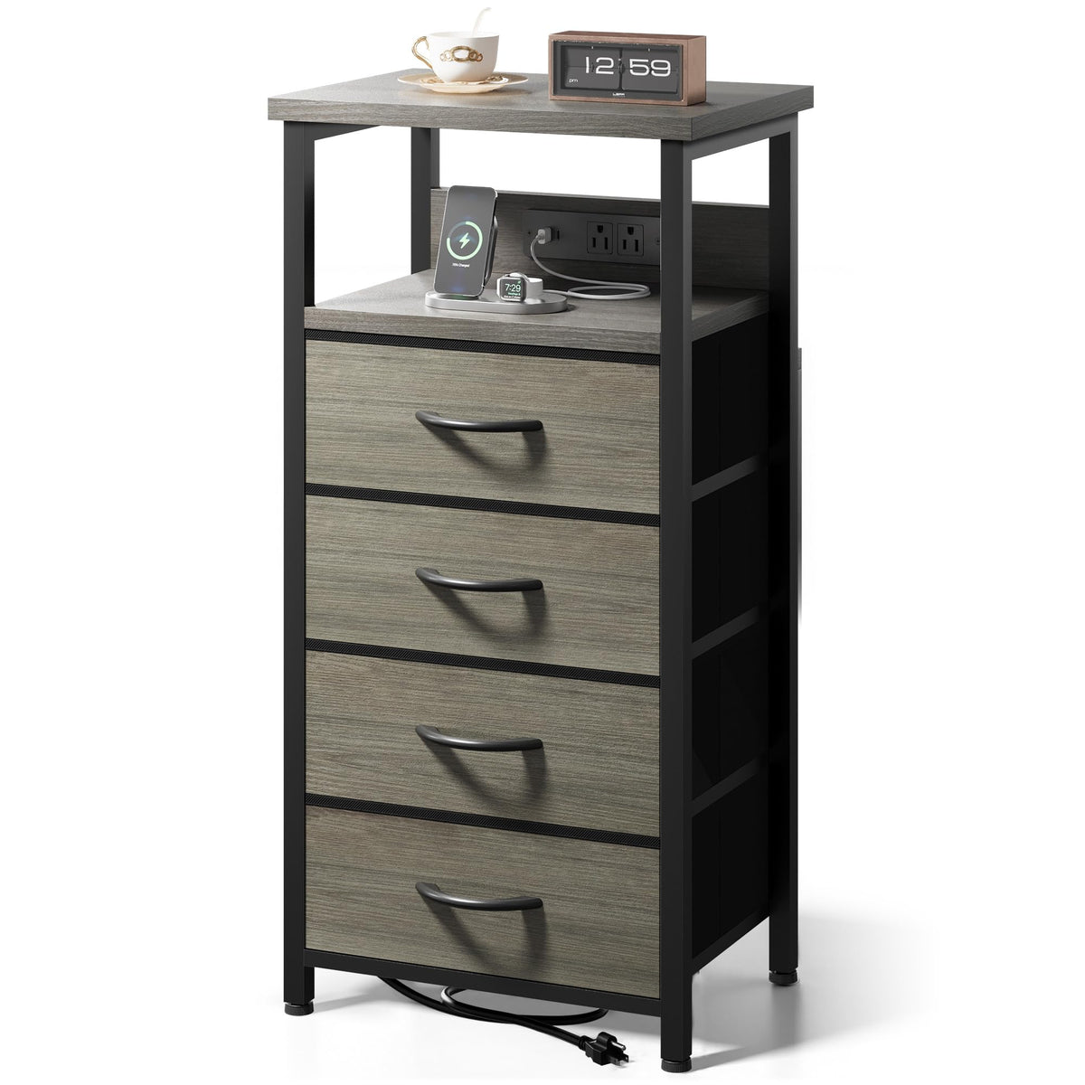 FormaHaven Black Nightstand with Charging Station – 2 Fabric Drawers & Open Shelf