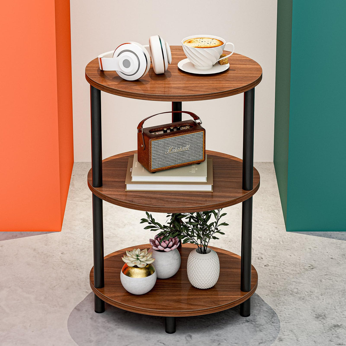 FormaHaven 3-Tier Rustic Wood Side Table with Black Metal Legs