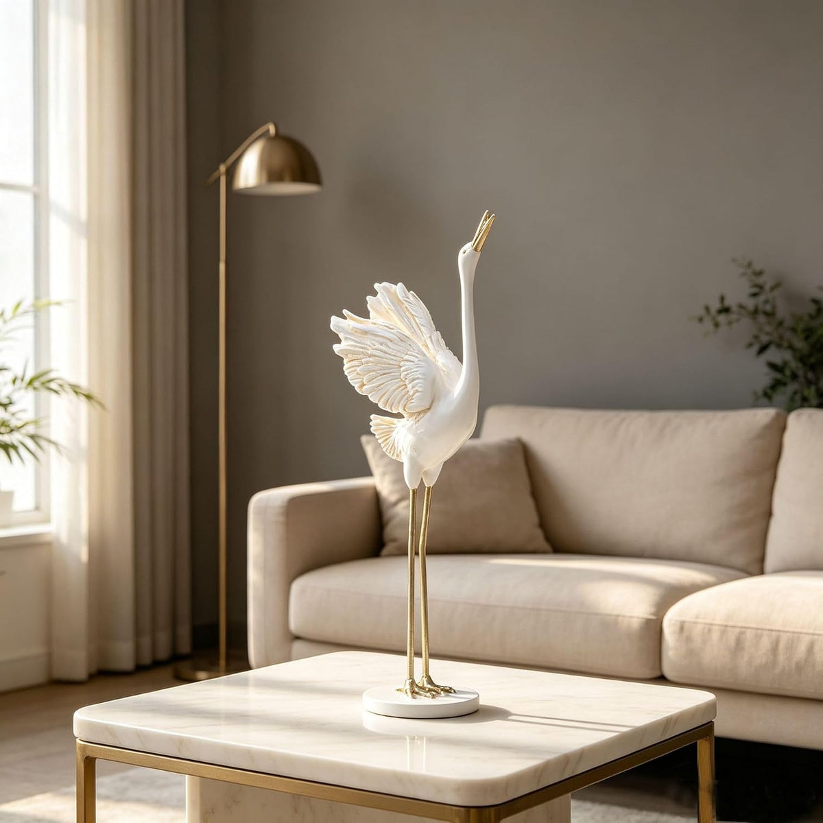 FormaHaven White and Gold Crane Figurine – Elegant Oriental Home Decor