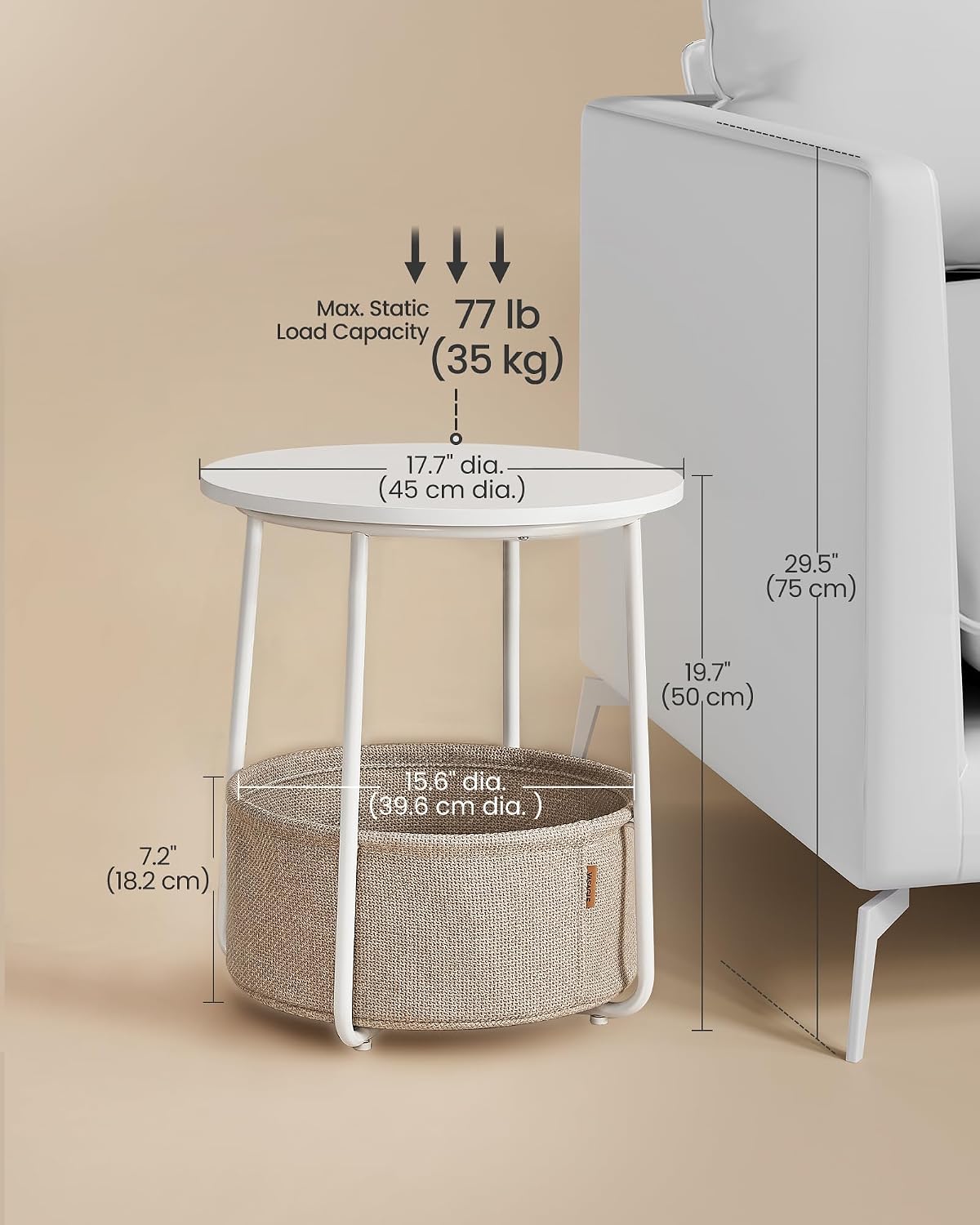 FormaHaven Round Side Table with Fabric Storage Basket – Modern Bedside End Table