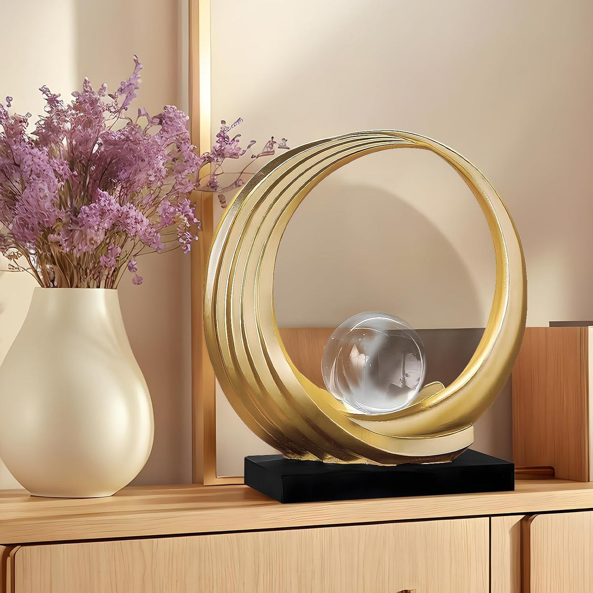 FormaHaven Modern Wave Sculpture with Crystal Glass Orb – Elegant Home Decor