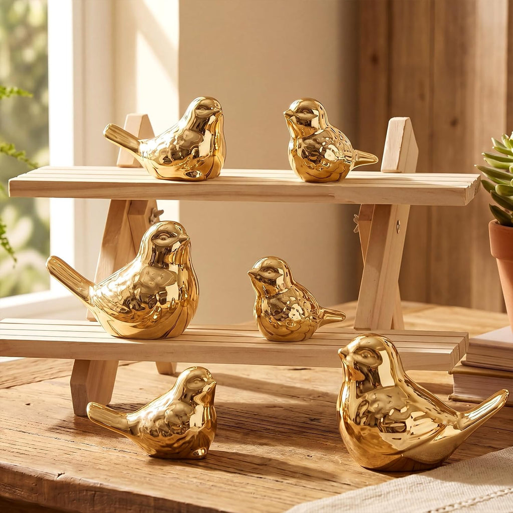 FormaHaven Gold Ceramic Bird Figurines Set of 6 – Elegant Home Decor