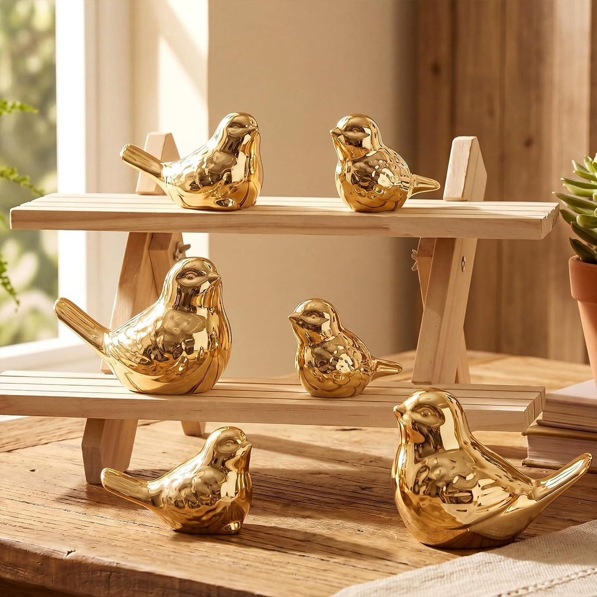 FormaHaven Gold Ceramic Bird Figurines Set of 6 – Elegant Home Decor