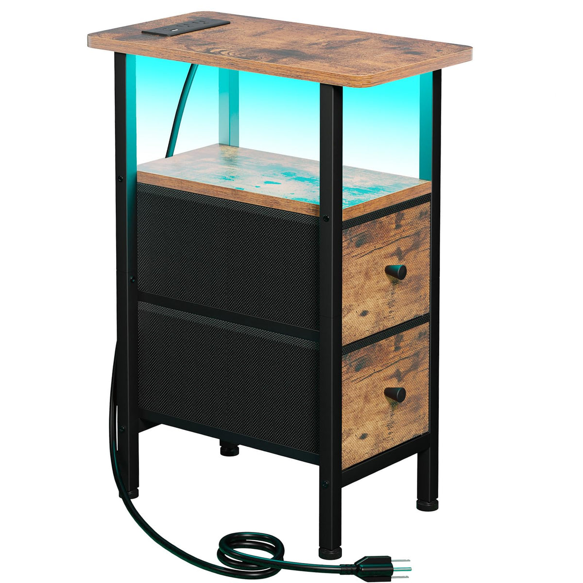 FormaHaven Narrow End Table with Charging Station – 2 Drawers & Open Shelves