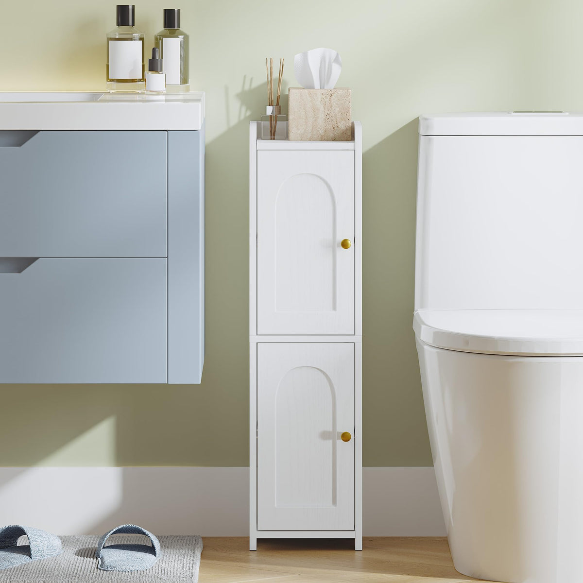 FormaHaven Slim Bathroom Storage Cabinet with 2 Doors – Adjustable Shelves, Arched Design