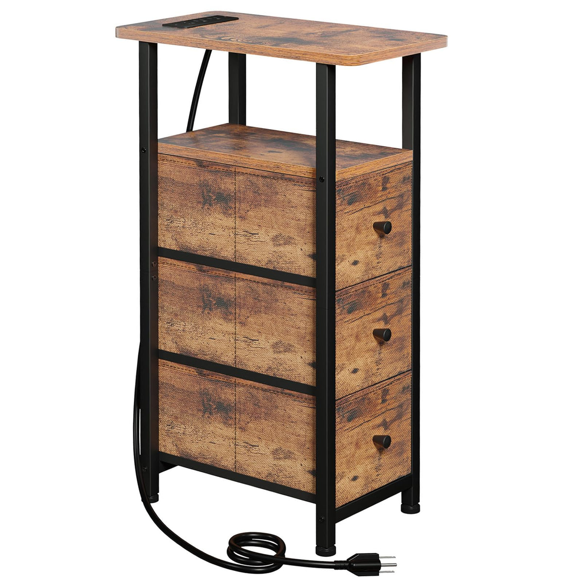 FormaHaven Narrow End Table with Charging Station – 2 Drawers & Open Shelves