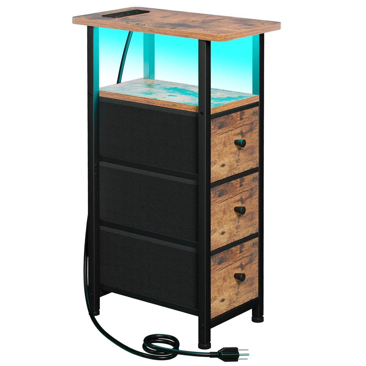 FormaHaven Narrow End Table with Charging Station – 2 Drawers & Open Shelves
