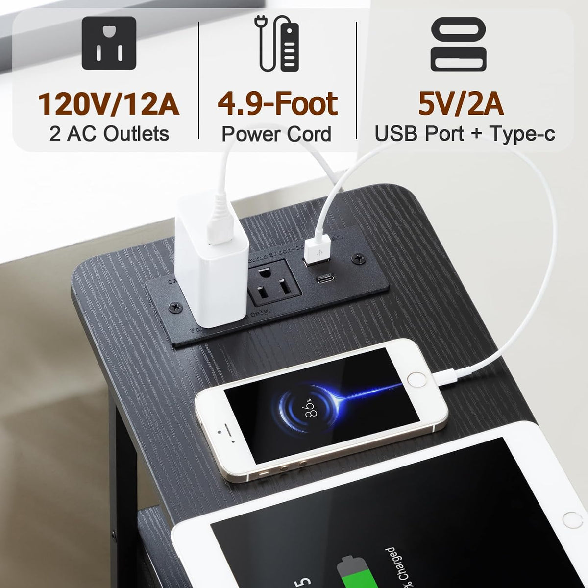 FormaHaven Narrow End Table with Charging Station – 2 Drawers & Open Shelves
