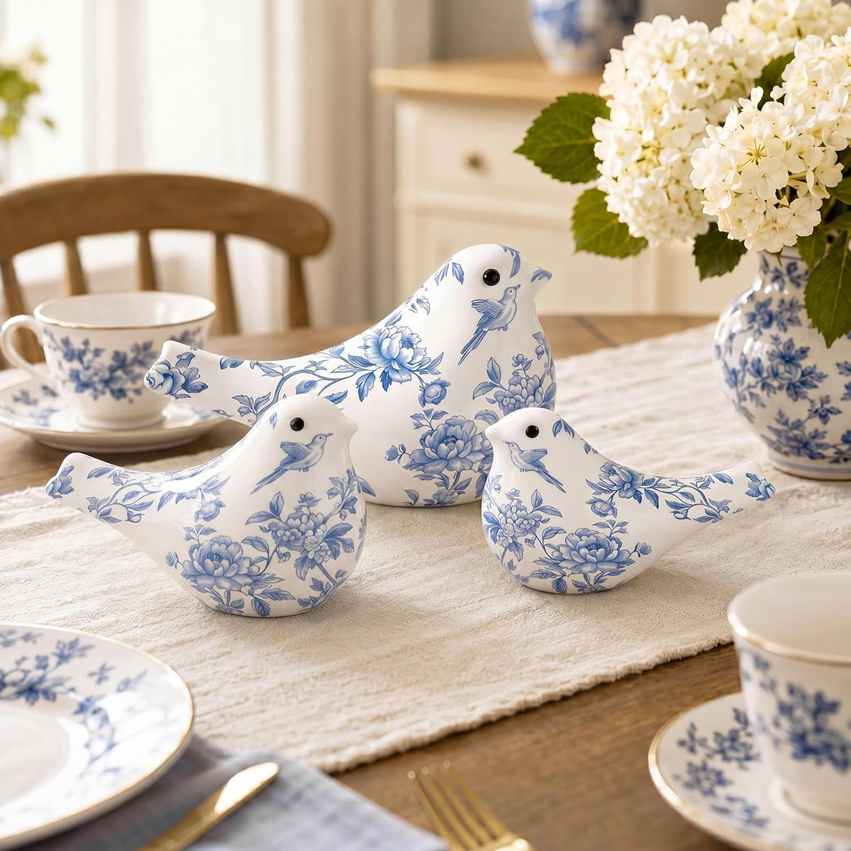 FormaHaven Blue and White Ceramic Bird Figurines Set of 3 – Chinoiserie Decor