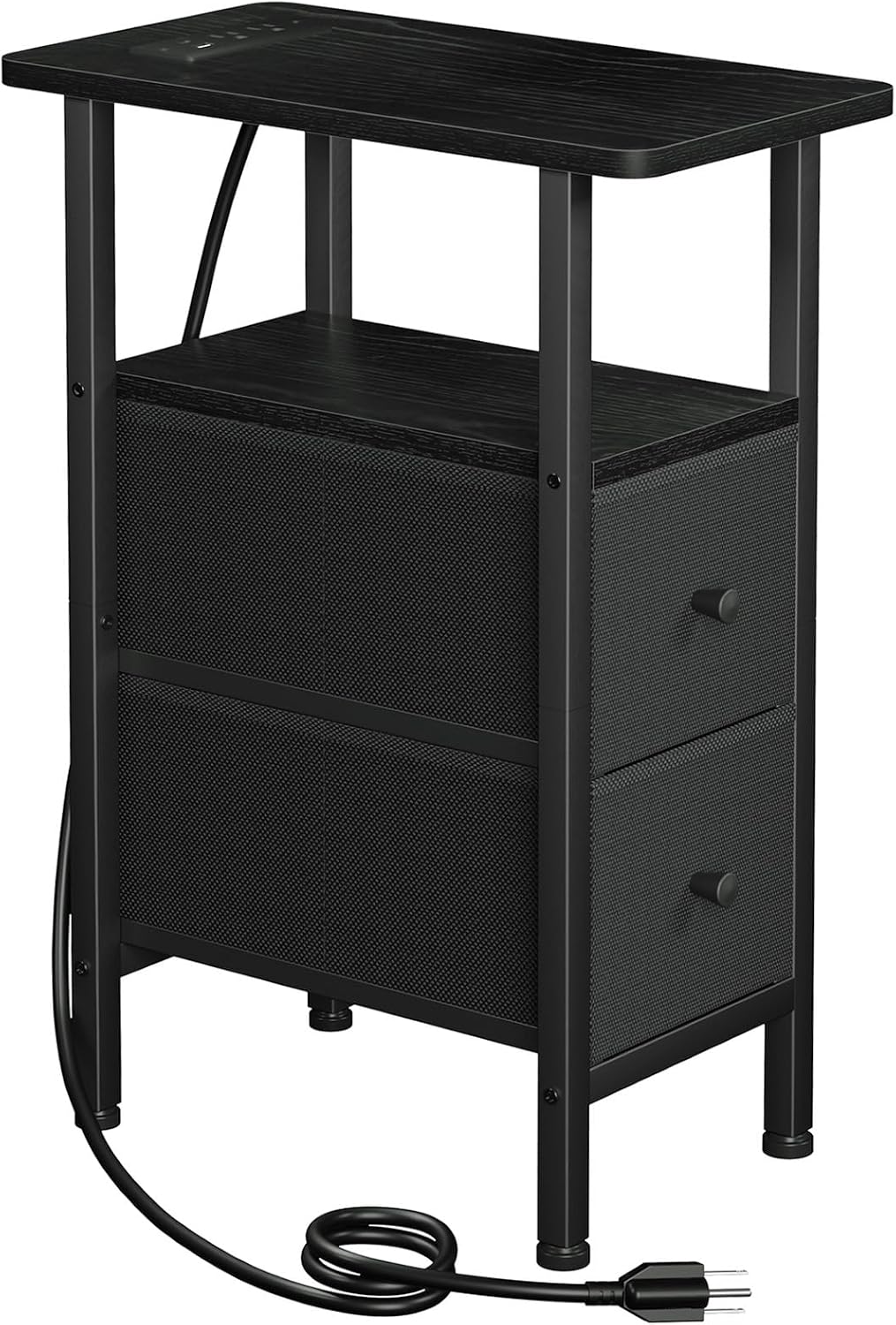 FormaHaven Narrow End Table with Charging Station – 2 Drawers & Open Shelves