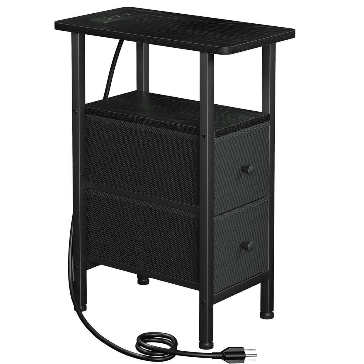 FormaHaven Narrow End Table with Charging Station – 2 Drawers & Open Shelves