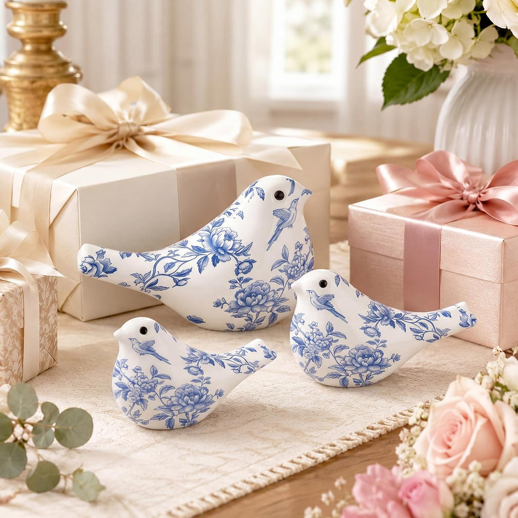 FormaHaven Blue and White Ceramic Bird Figurines Set of 3 – Chinoiserie Decor