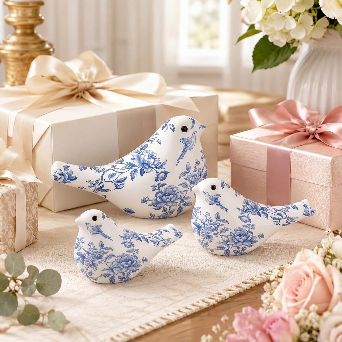 FormaHaven Blue and White Ceramic Bird Figurines Set of 3 – Chinoiserie Decor