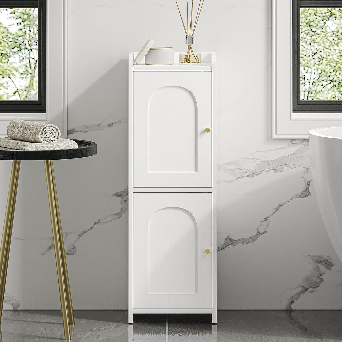 FormaHaven Slim Bathroom Storage Cabinet with 2 Doors – Adjustable Shelves, Arched Design
