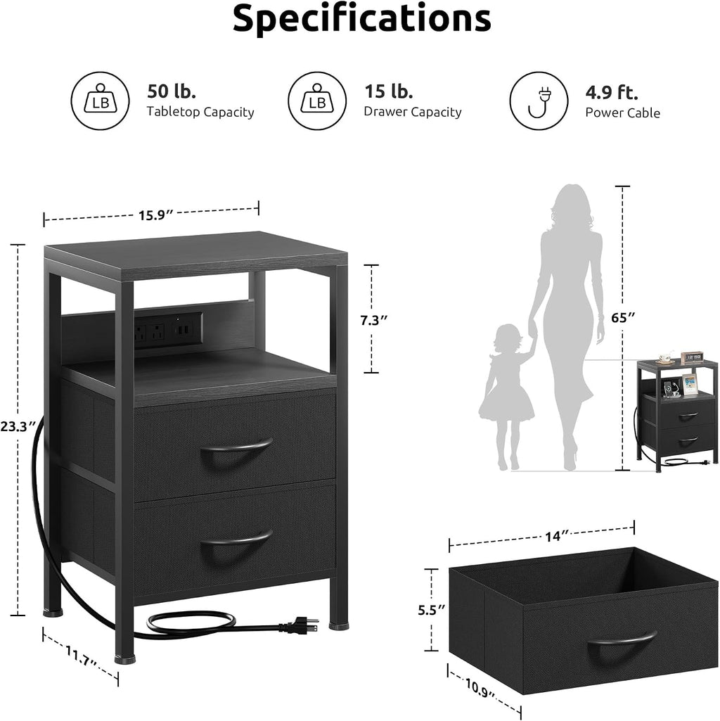 FormaHaven Black Nightstand with Charging Station – 2 Fabric Drawers & Open Shelf