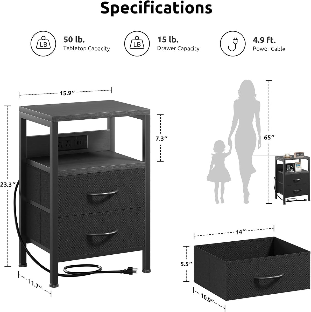 FormaHaven Black Nightstand with Charging Station – 2 Fabric Drawers & Open Shelf