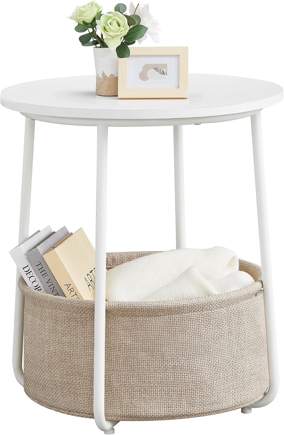 FormaHaven Round Side Table with Fabric Storage Basket – Modern Bedside End Table