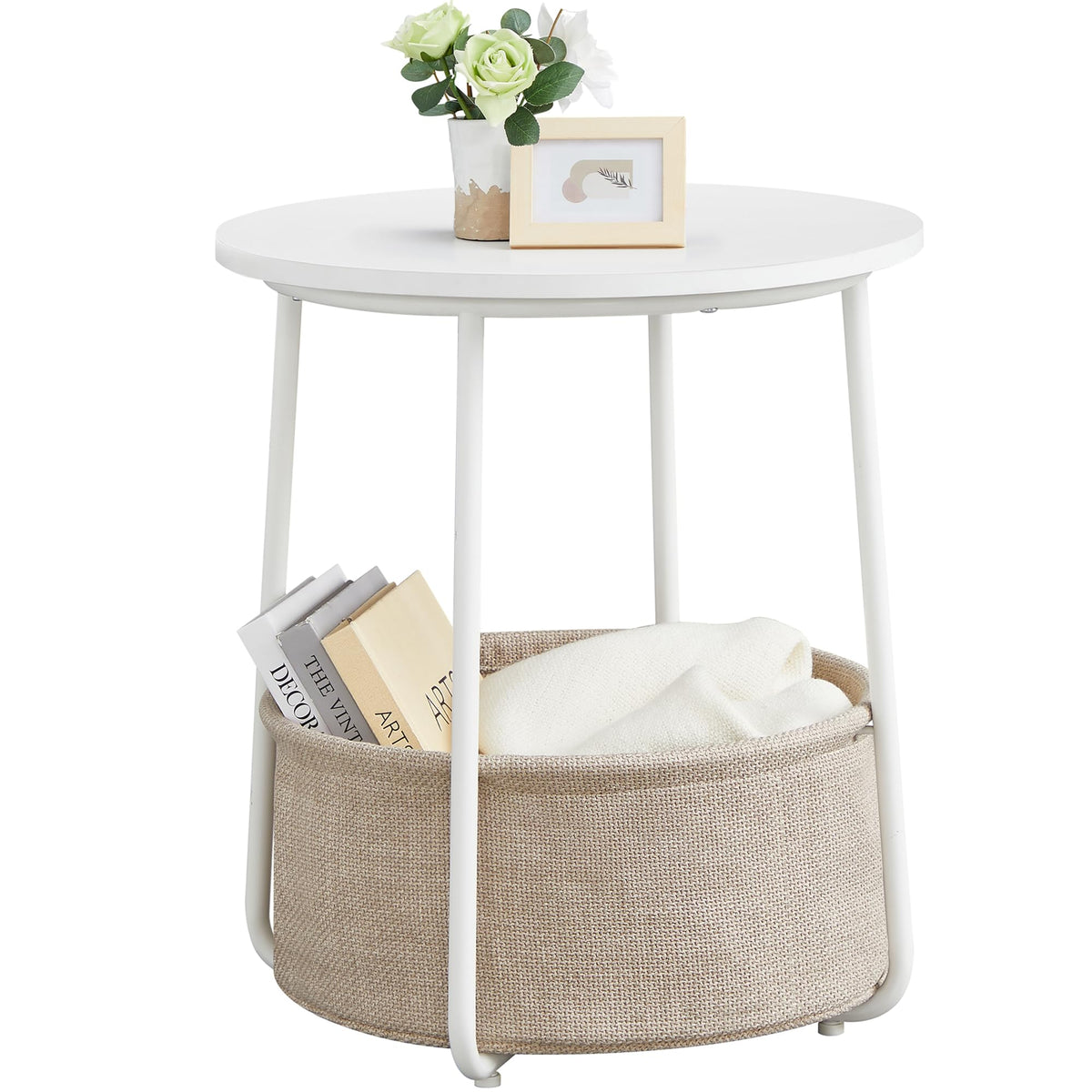 FormaHaven Round Side Table with Fabric Storage Basket – Modern Bedside End Table