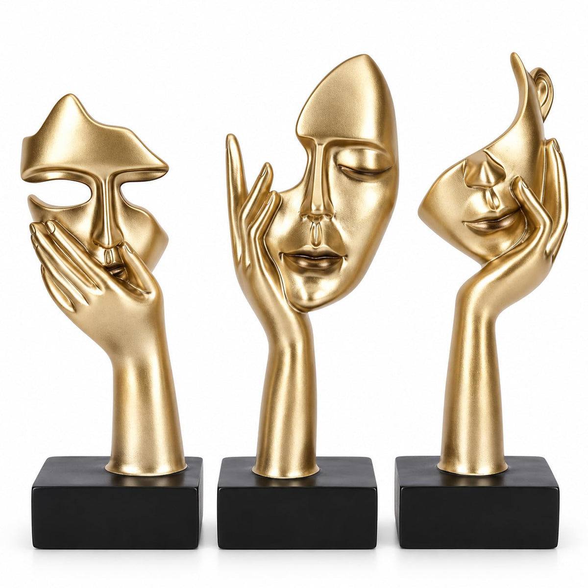 FormaHaven Black & Gold Abstract Female Face Sculptures – Set of 3