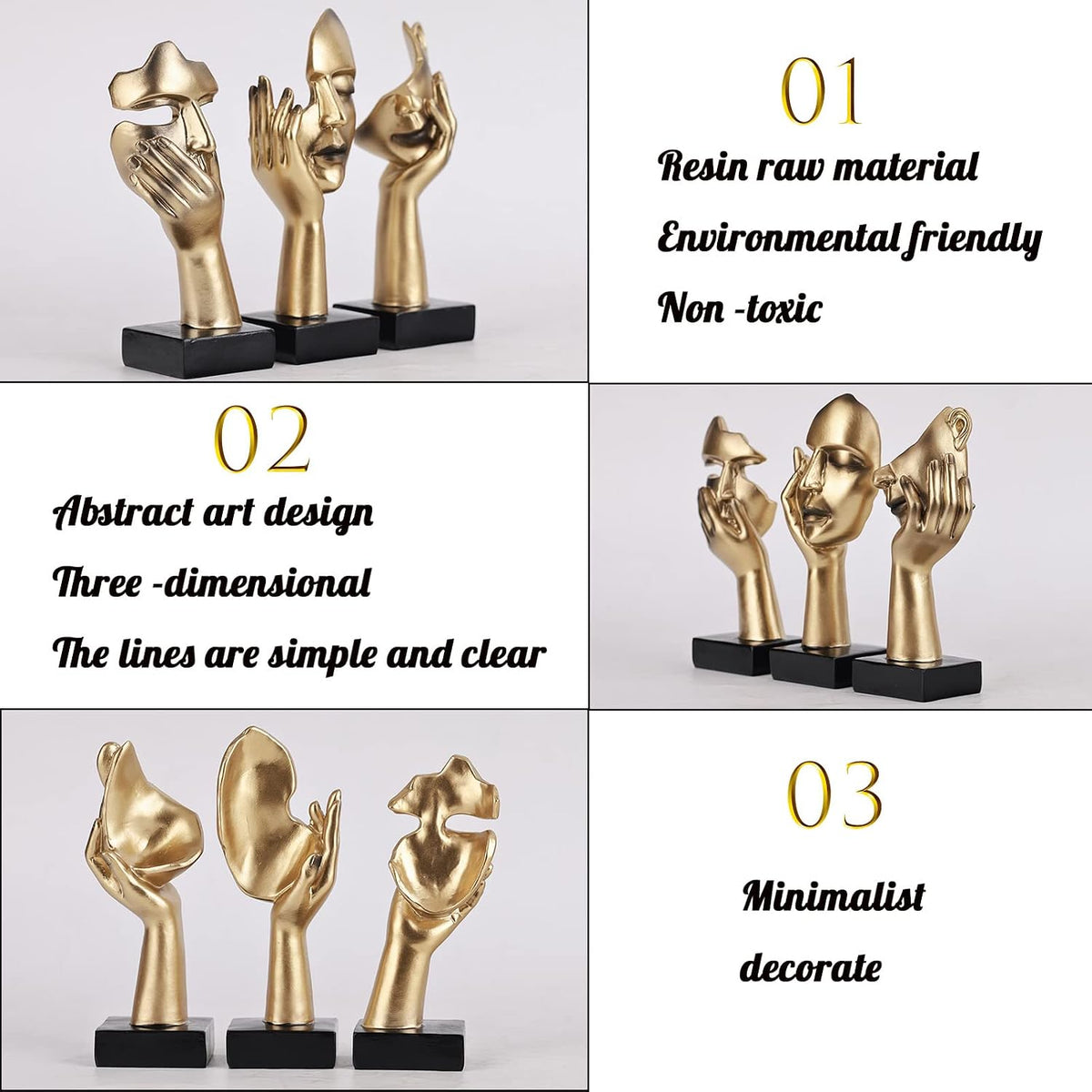 FormaHaven Black & Gold Abstract Female Face Sculptures – Set of 3