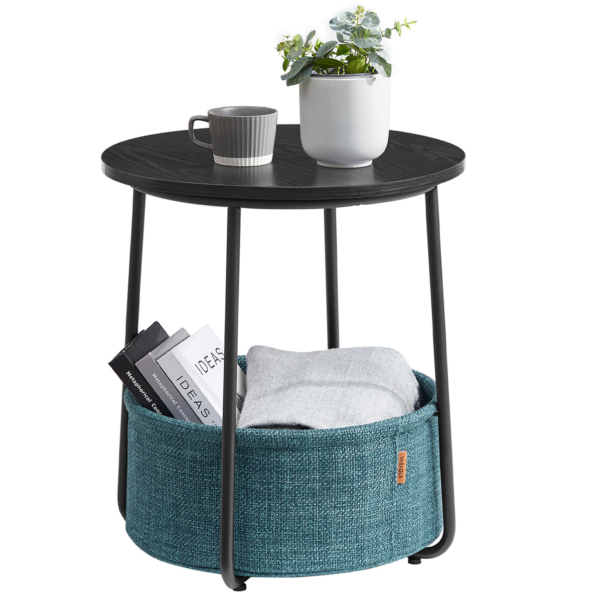 FormaHaven Round Side Table with Fabric Storage Basket – Modern Bedside End Table