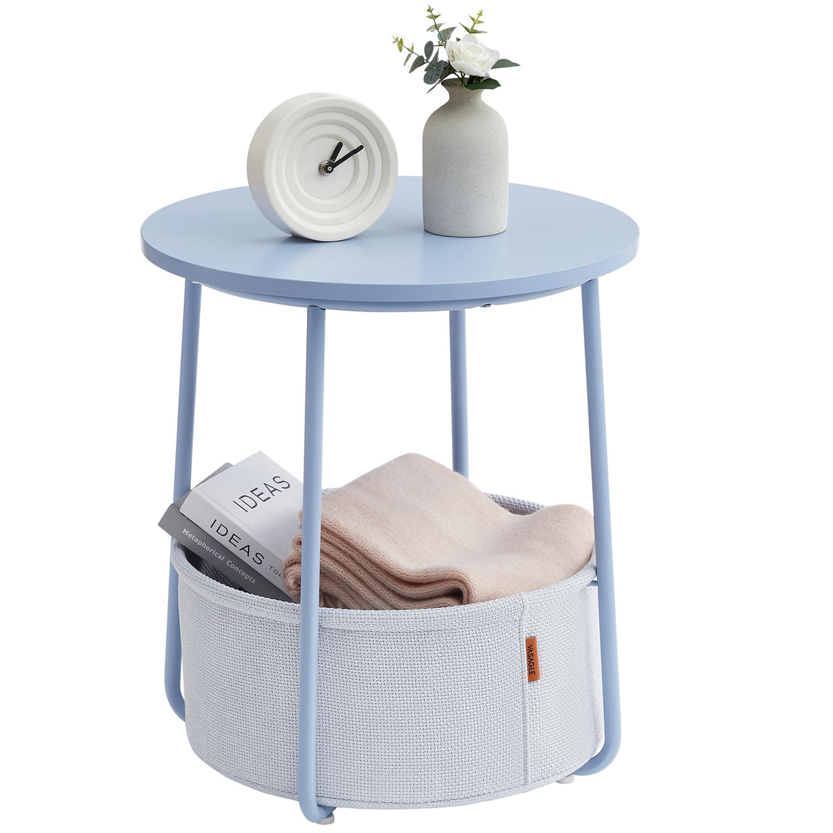 FormaHaven Round Side Table with Fabric Storage Basket – Modern Bedside End Table