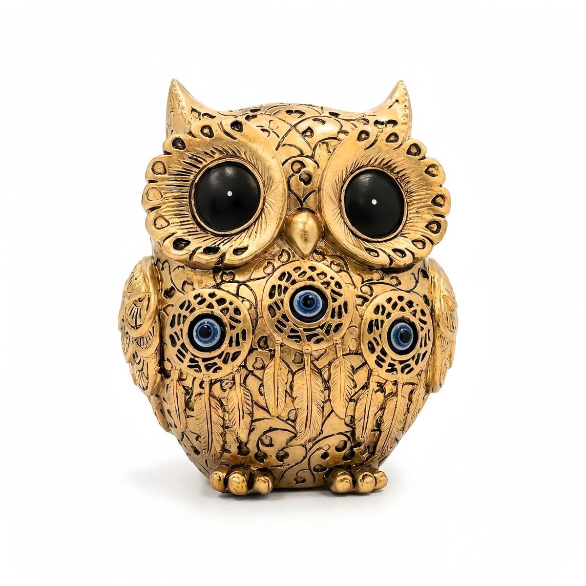 FormaHaven Vintage Gold Owl Figurine – Blue Evil Eye Decorative Statue