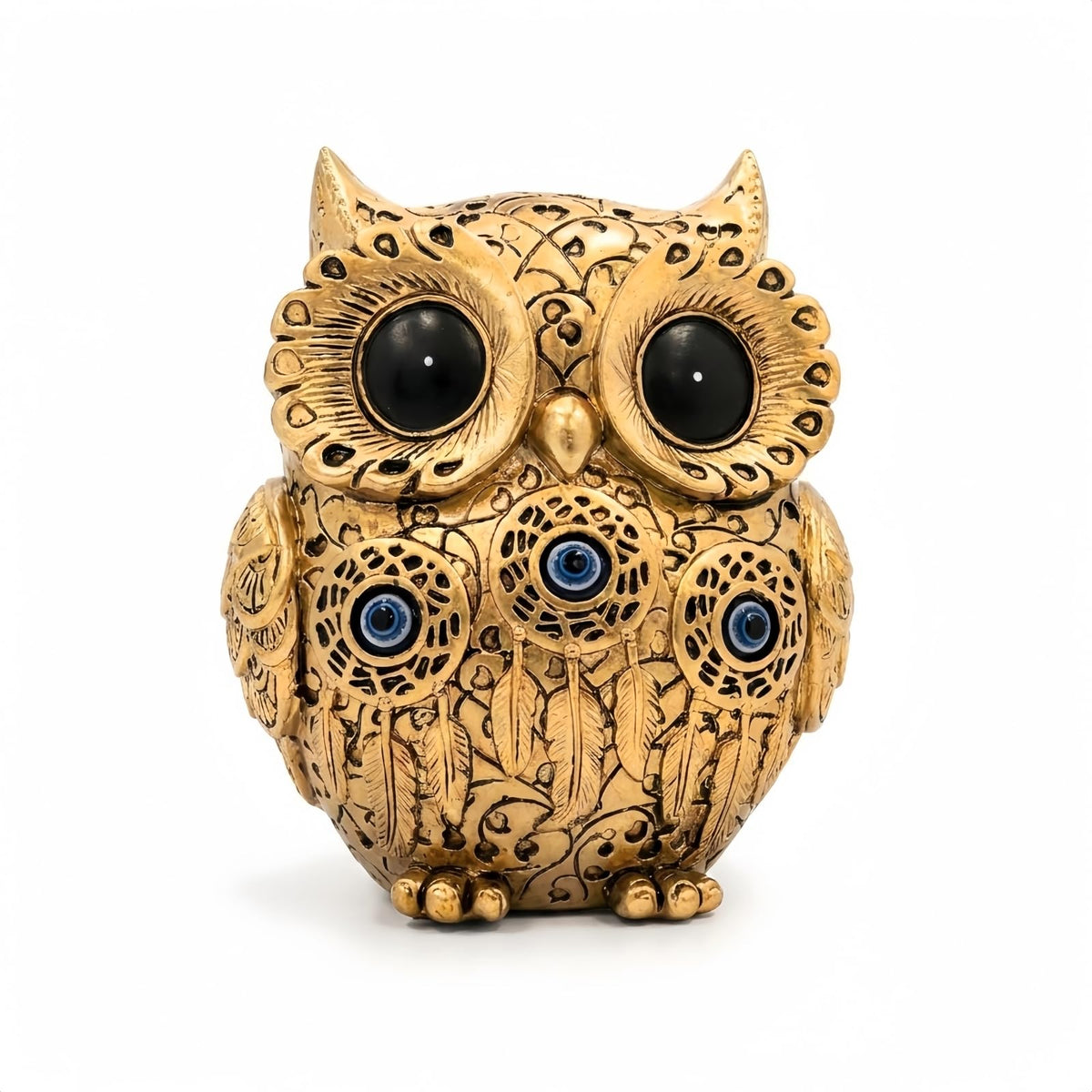 FormaHaven Vintage Gold Owl Figurine – Blue Evil Eye Decorative Statue