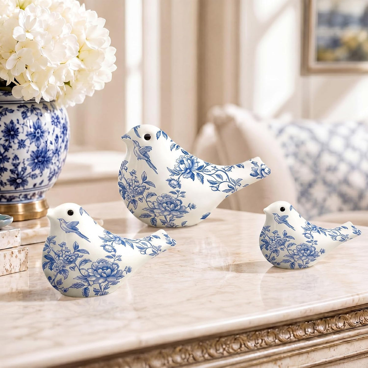 FormaHaven Blue and White Ceramic Bird Figurines Set of 3 – Chinoiserie Decor