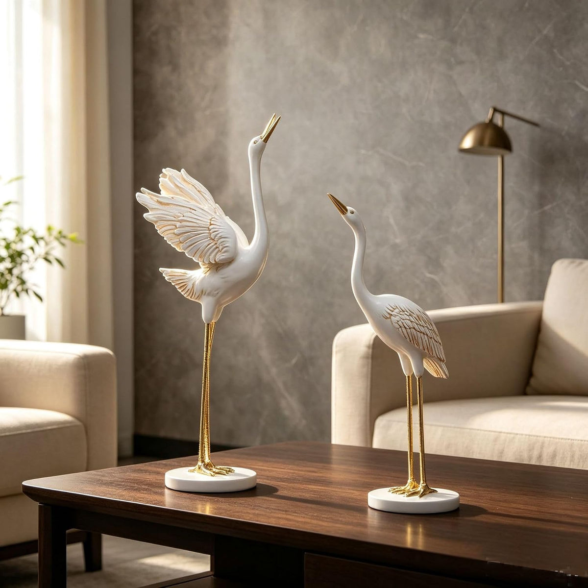FormaHaven White and Gold Crane Figurine – Elegant Oriental Home Decor