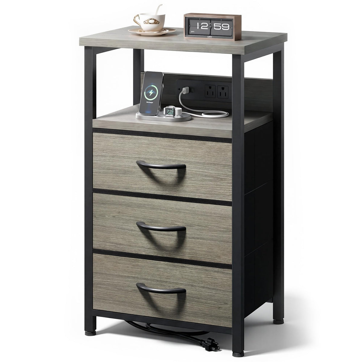 FormaHaven Black Nightstand with Charging Station – 2 Fabric Drawers & Open Shelf