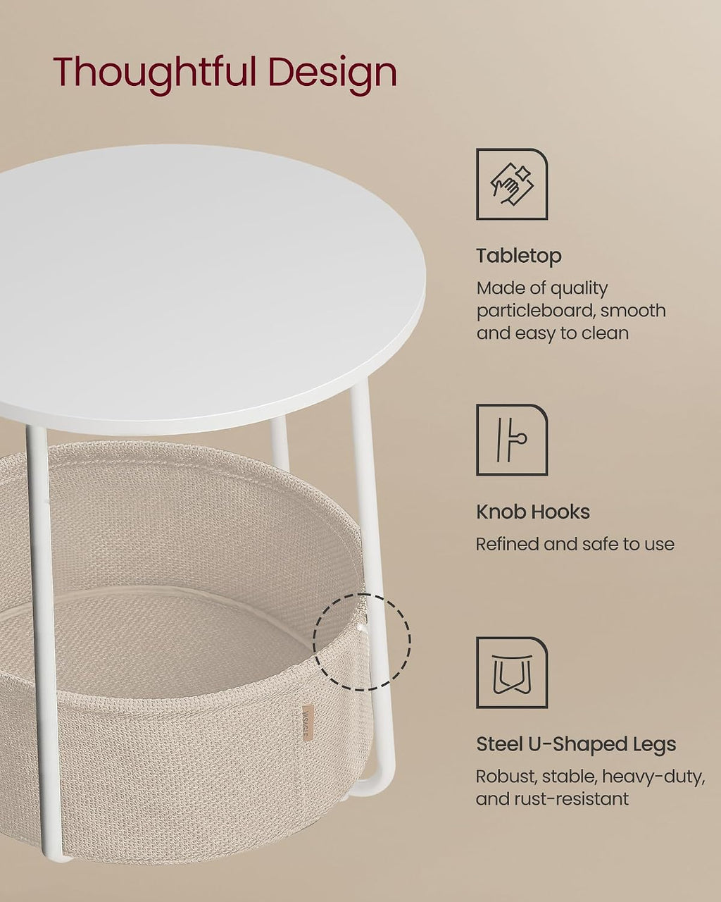 FormaHaven Round Side Table with Fabric Storage Basket – Modern Bedside End Table