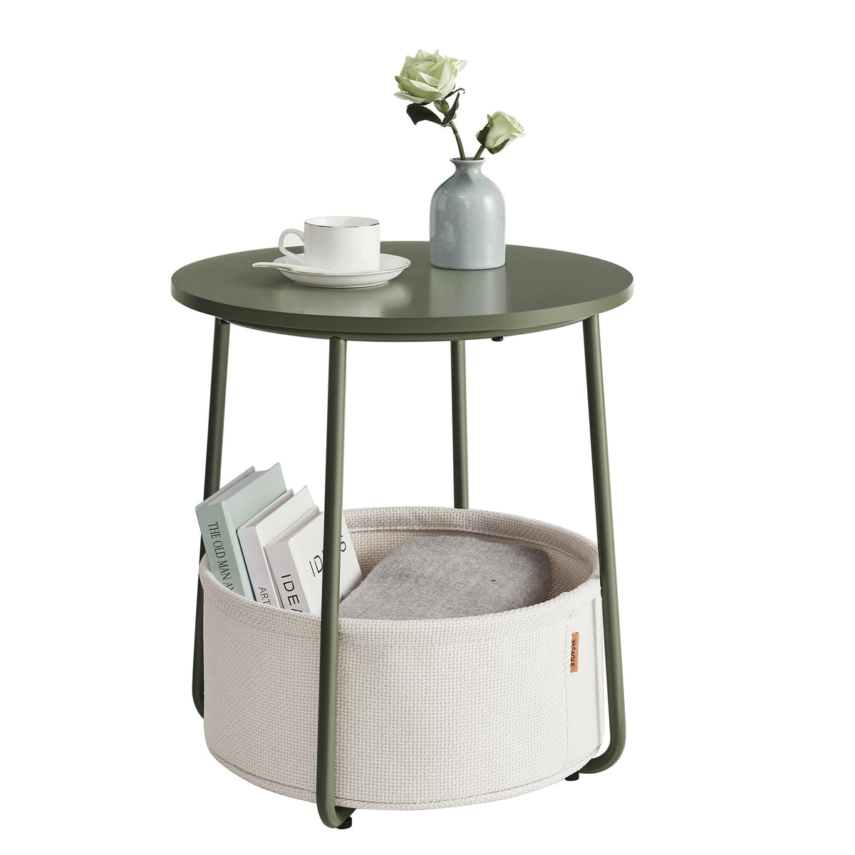 FormaHaven Round Side Table with Fabric Storage Basket – Modern Bedside End Table