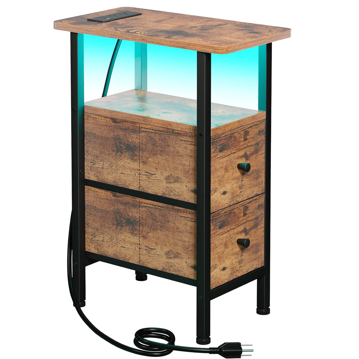 FormaHaven Narrow End Table with Charging Station – 2 Drawers & Open Shelves