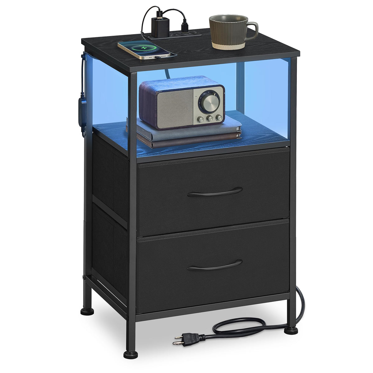 FormaHaven Smart LED Nightstand with Charging Station – 2 Drawers & Open Shelves
