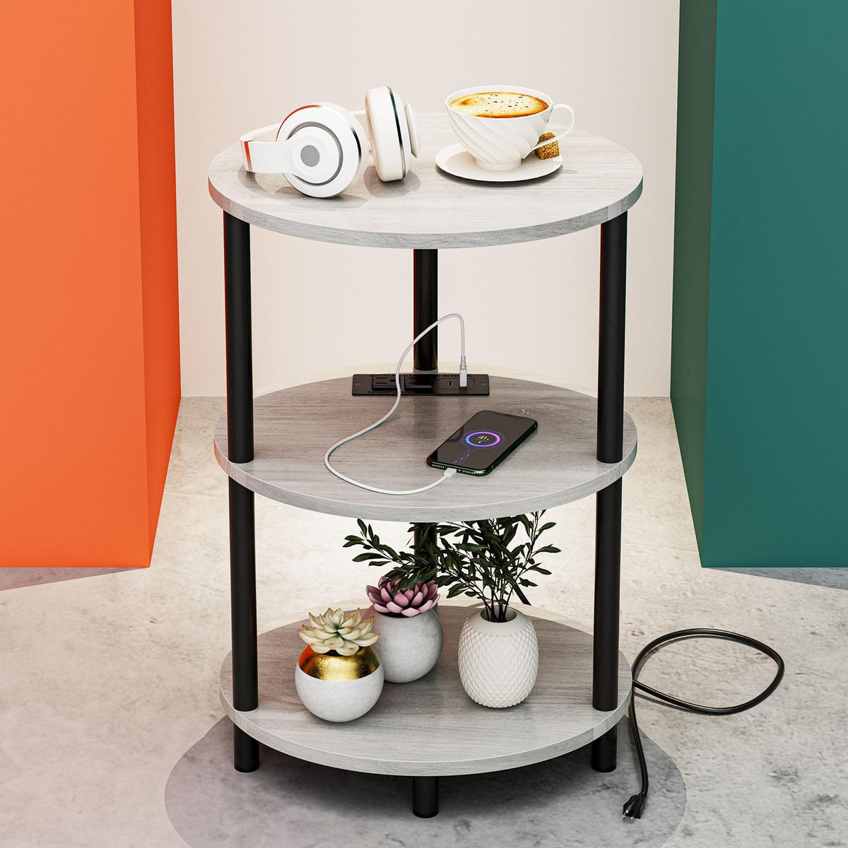 FormaHaven 3-Tier Rustic Wood Side Table with Black Metal Legs