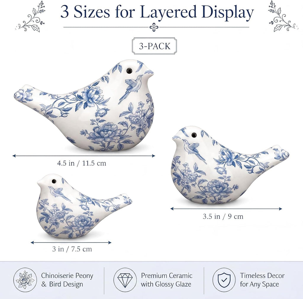 FormaHaven Blue and White Ceramic Bird Figurines Set of 3 – Chinoiserie Decor