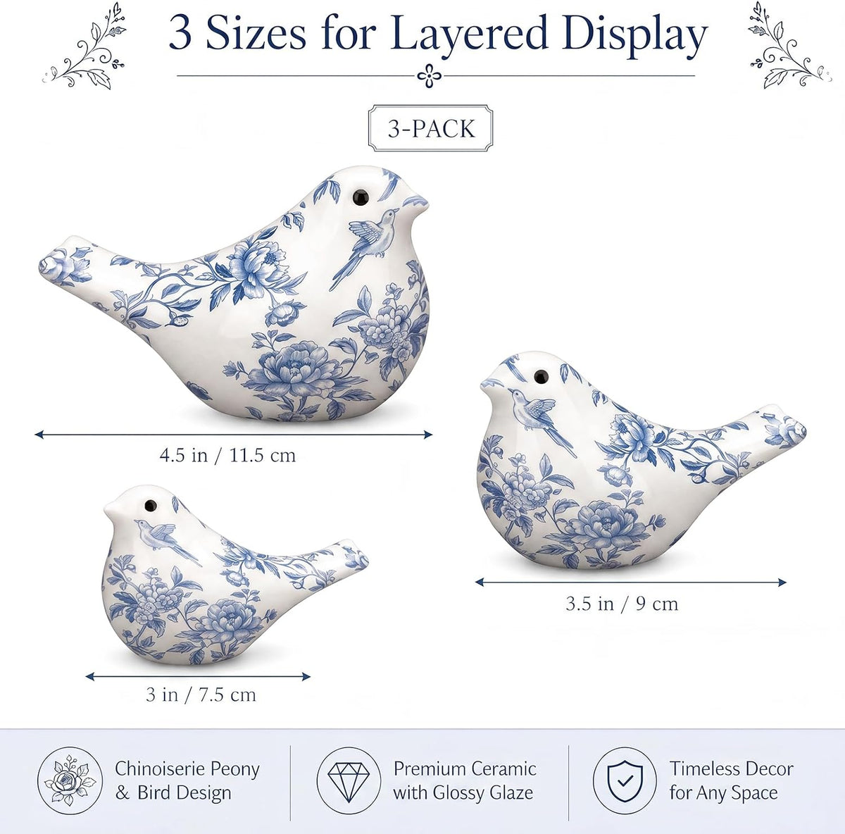 FormaHaven Blue and White Ceramic Bird Figurines Set of 3 – Chinoiserie Decor