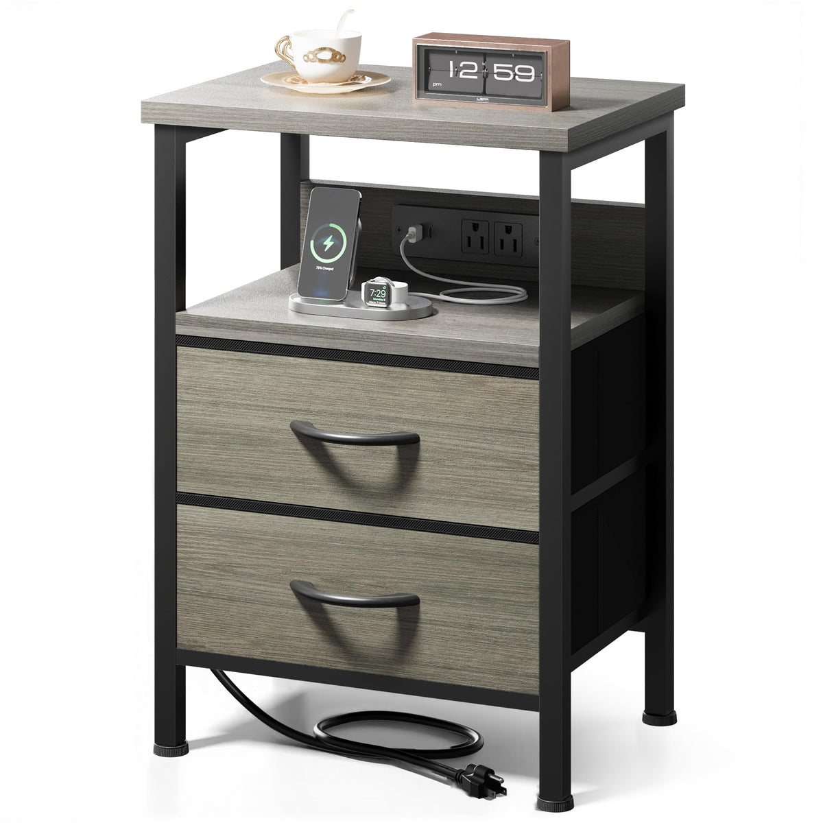 FormaHaven Black Nightstand with Charging Station – 2 Fabric Drawers & Open Shelf