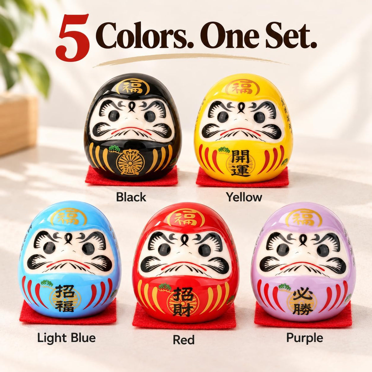 FormaHaven Red Ceramic Daruma Dolls Set of 5 – Japanese Lucky Decor