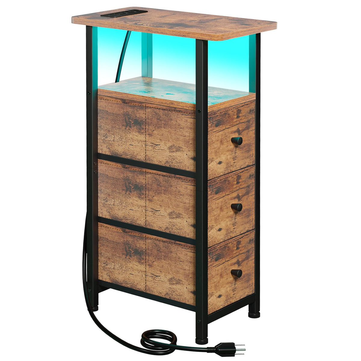 FormaHaven Narrow End Table with Charging Station – 2 Drawers & Open Shelves
