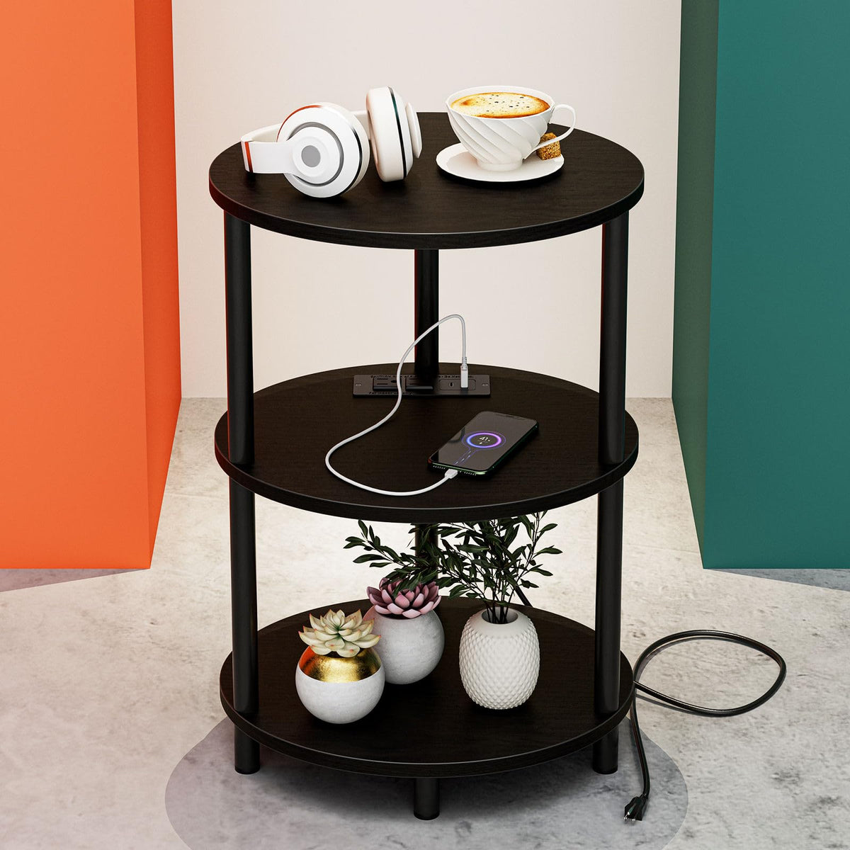 FormaHaven 3-Tier Rustic Wood Side Table with Black Metal Legs