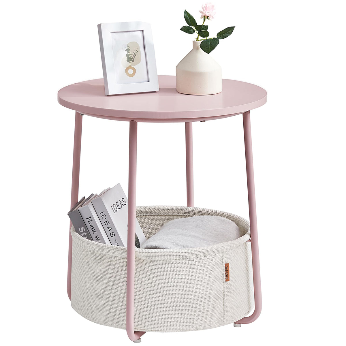 FormaHaven Round Side Table with Fabric Storage Basket – Modern Bedside End Table