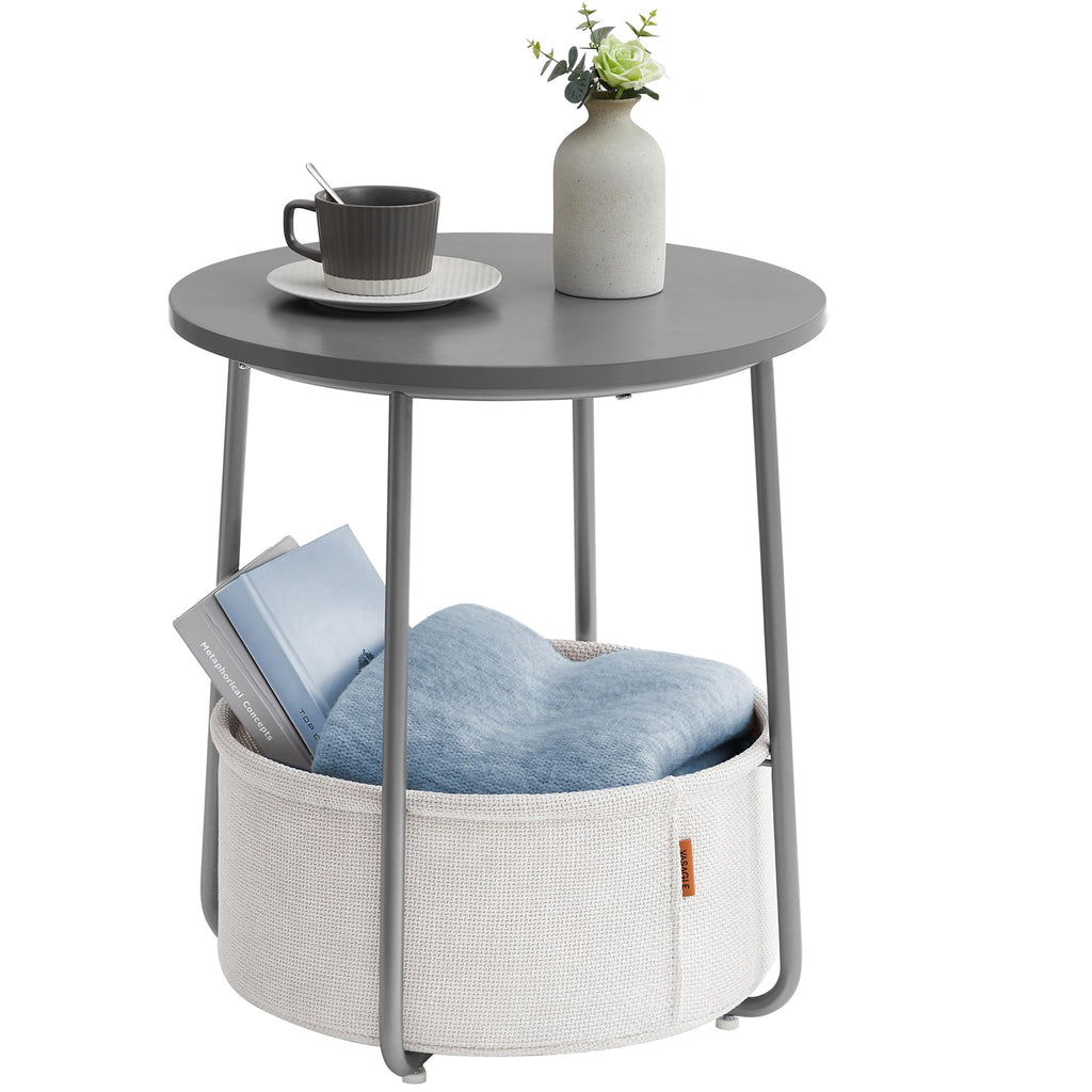 FormaHaven Round Side Table with Fabric Storage Basket – Modern Bedside End Table