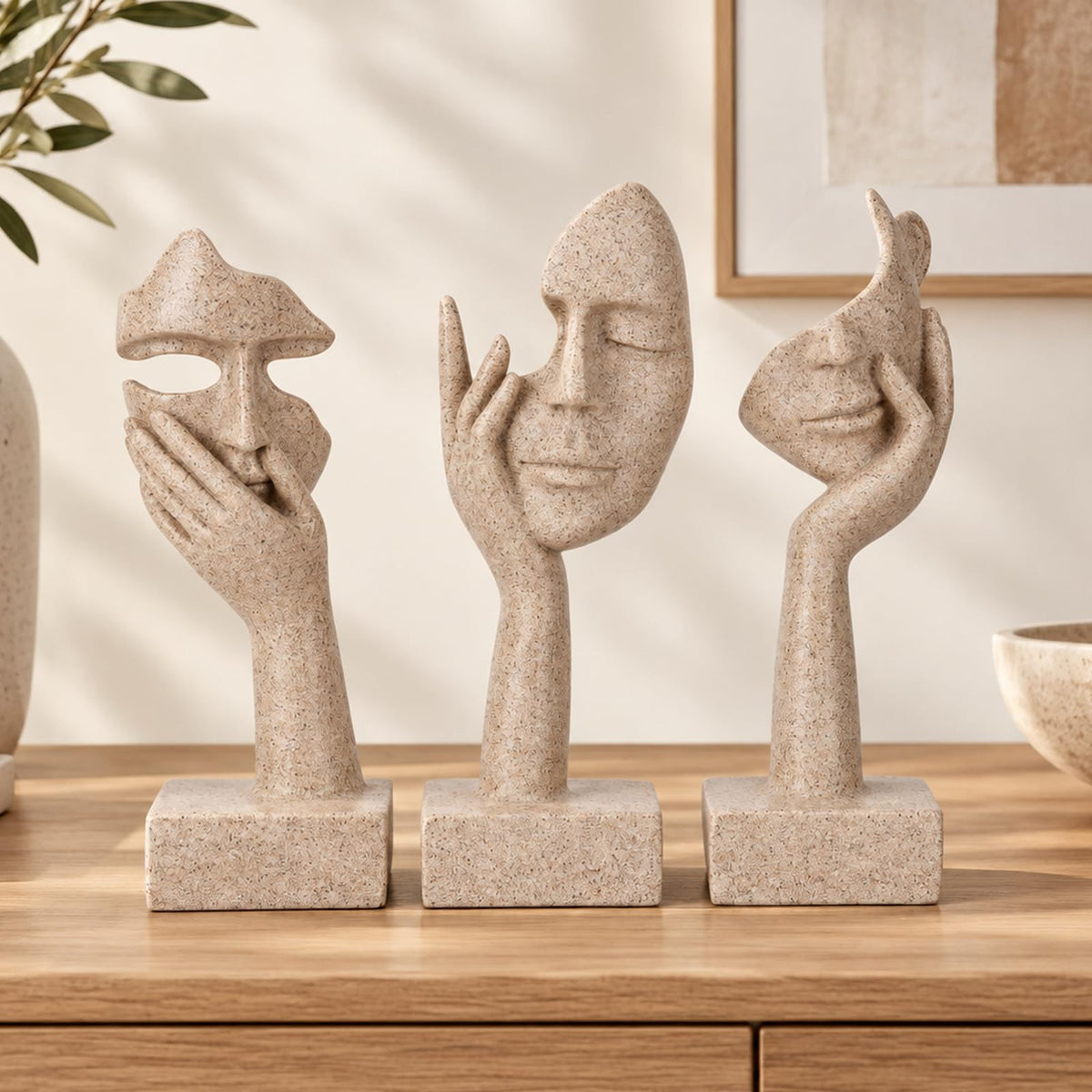 FormaHaven Black & Gold Abstract Female Face Sculptures – Set of 3