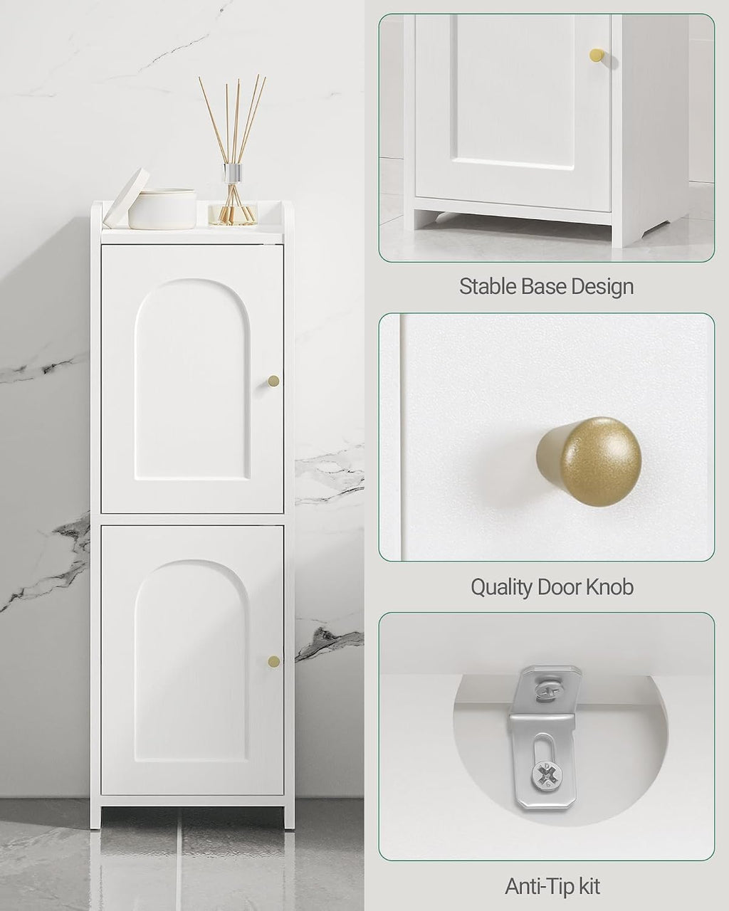 FormaHaven Slim Bathroom Storage Cabinet with 2 Doors – Adjustable Shelves, Arched Design