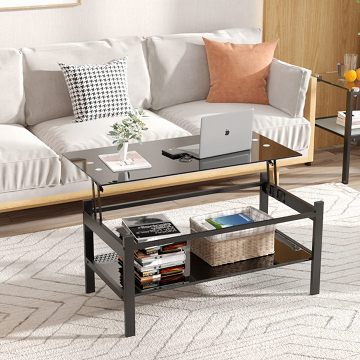 FormaHaven Modern 2-Tier Glass Coffee Table with Black Metal Legs