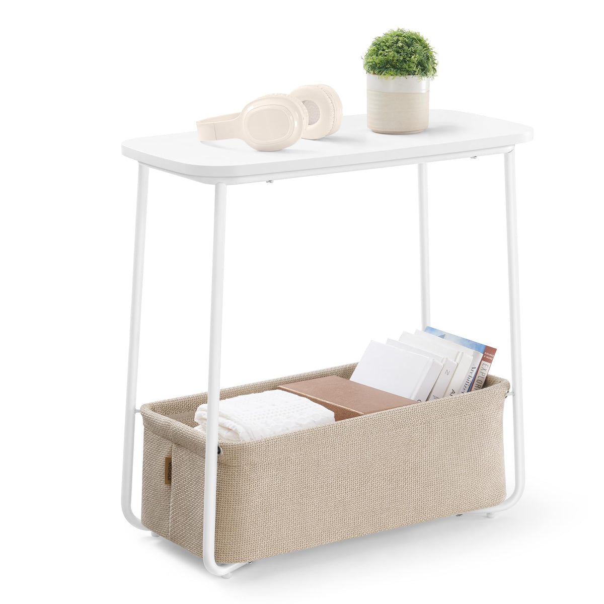 FormaHaven Round Side Table with Fabric Storage Basket – Modern Bedside End Table